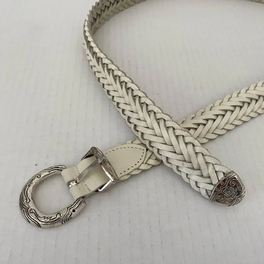 Western Split Leather Braided Belt with Silver Buckle Size M/L Southwestern boho